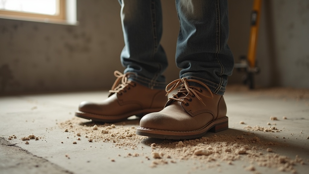 Carpenter work boots on concrete subfloor with sawdust