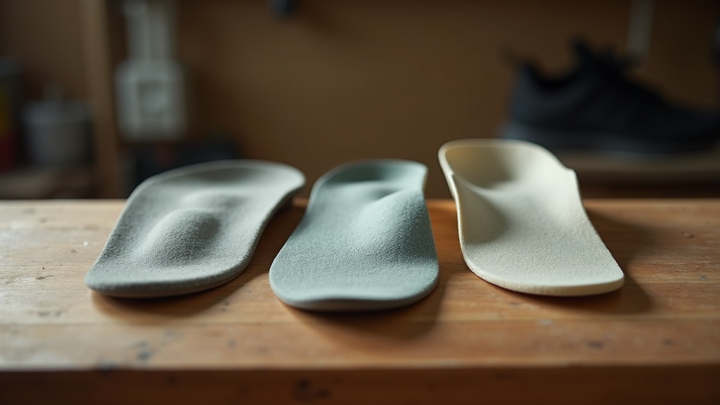 Three work boot insoles compared side by side on a workbench