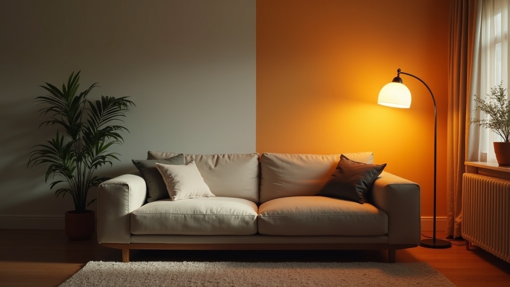Comparison of overhead lighting versus arched floor lamp light quality in a small room