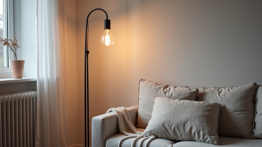 Arched floor lamp in a small Scandinavian living room