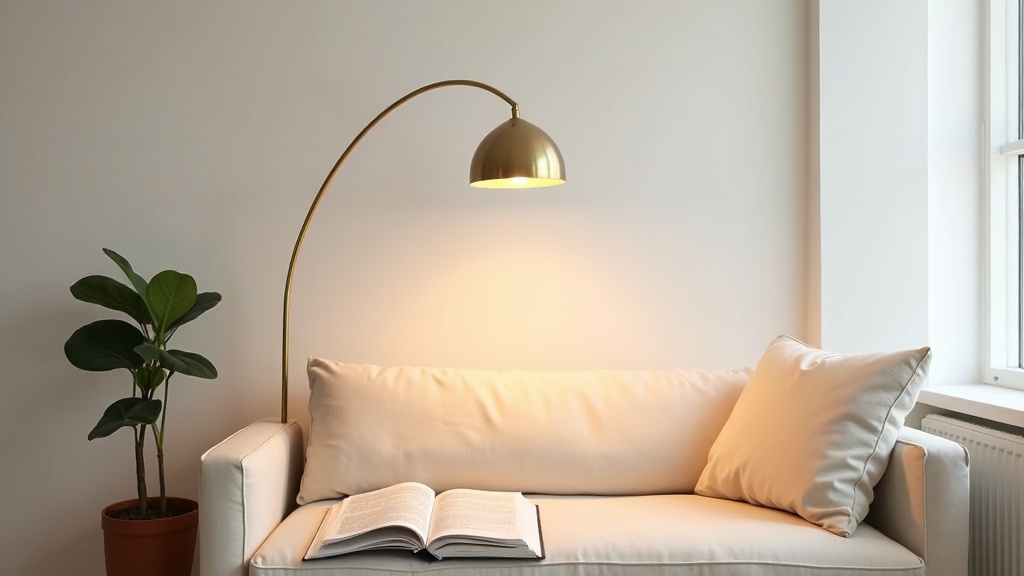 Brass arched floor lamp over a small sofa with warm reading light