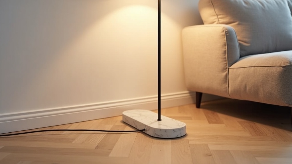 Slim arc floor lamp base on a wooden floor in a small living room