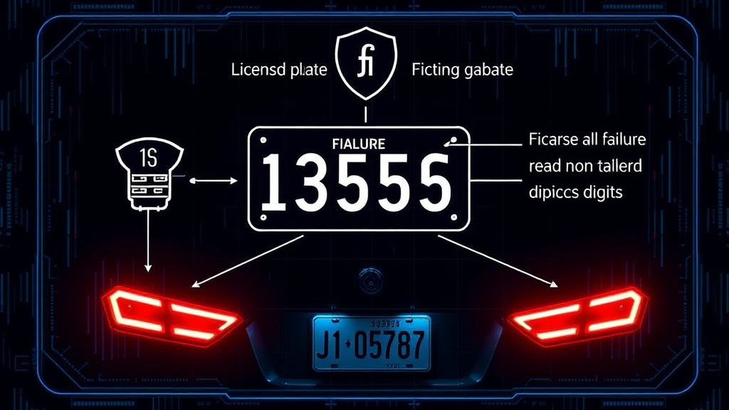 Diagram illustrating how Flock AI cameras scan license plates and potential points of failure in reading non-standard digits.