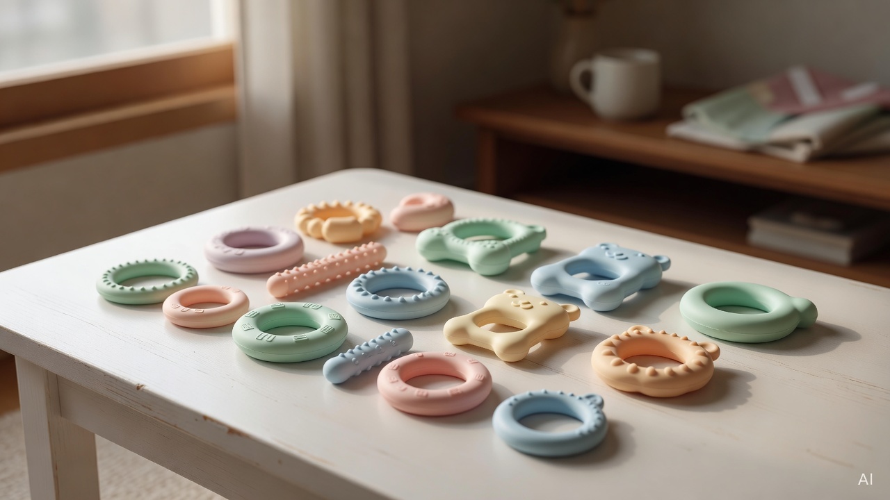 various silicone teething toys arranged on a white wooden surface