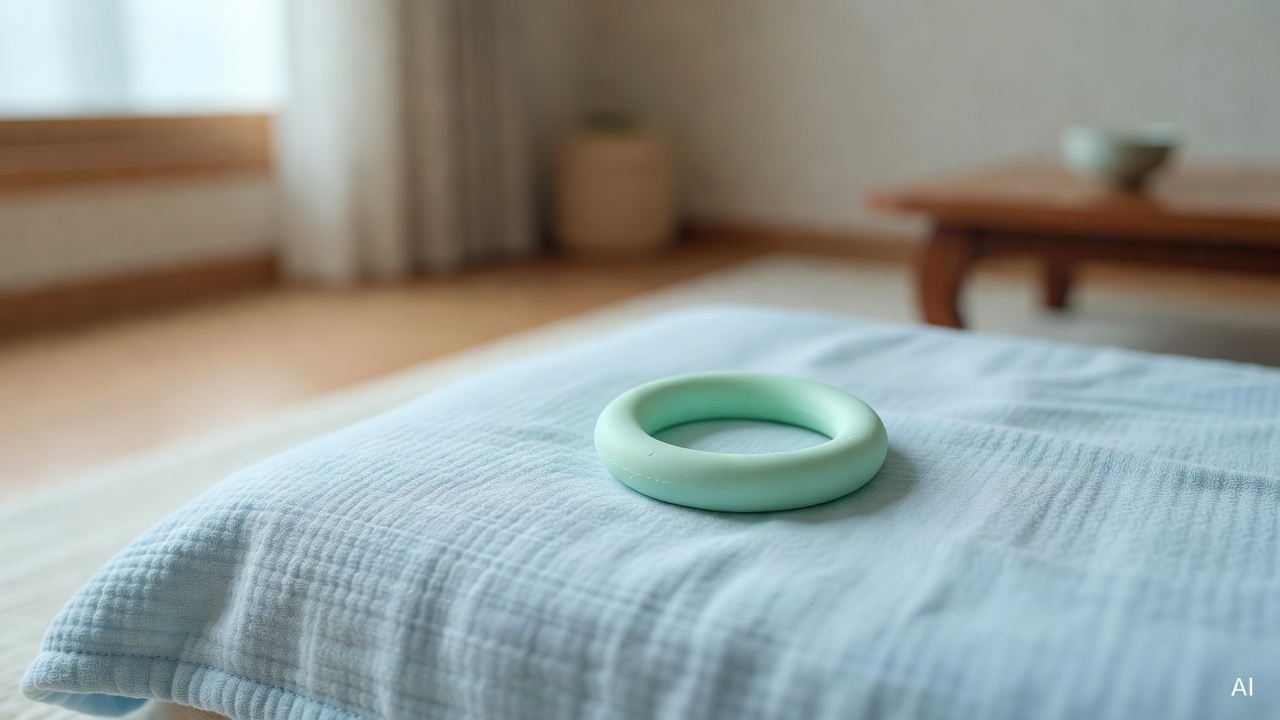 close-up of silicone teething ring placed on a light blue baby blanket