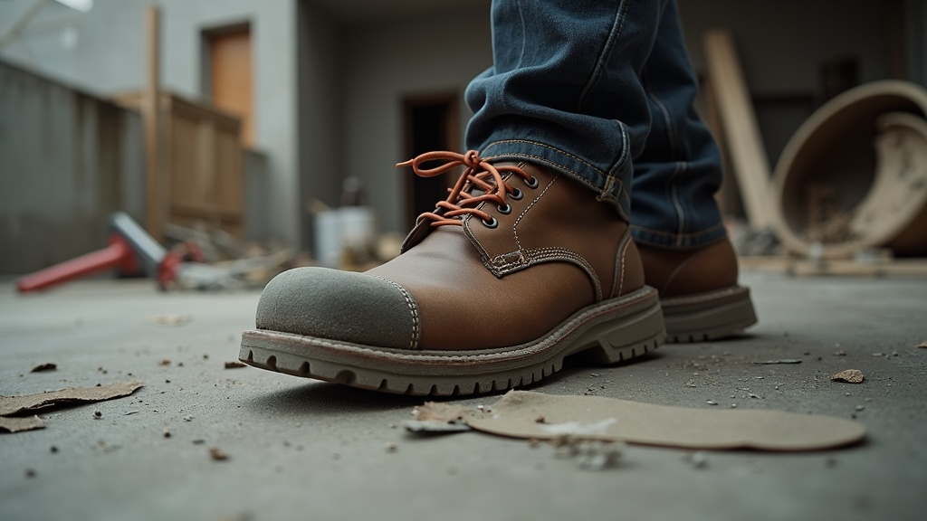 Construction worker placing steel-toed work boot with insole on concrete jobsite