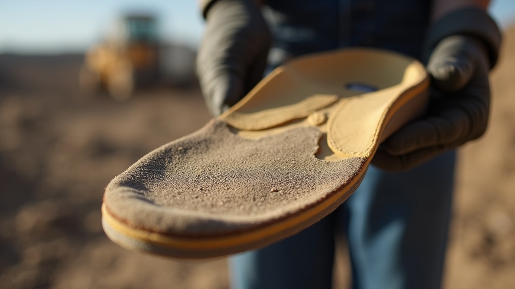 Worn-out construction insole showing compression and flattened arch support
