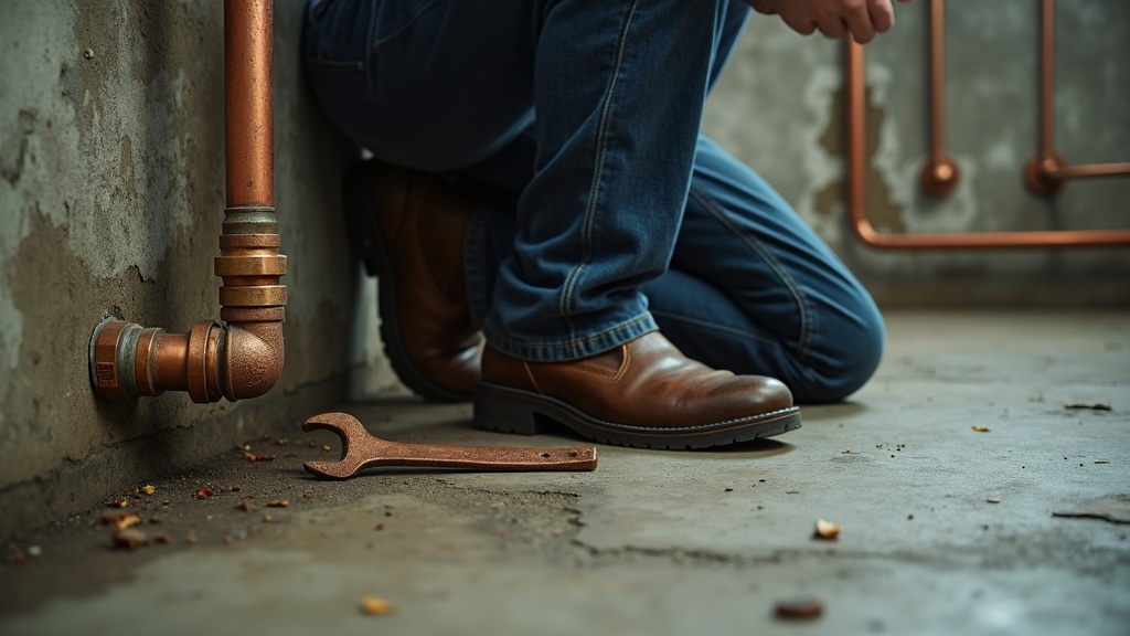 Plumber kneeling on concrete floor wearing worn work boots