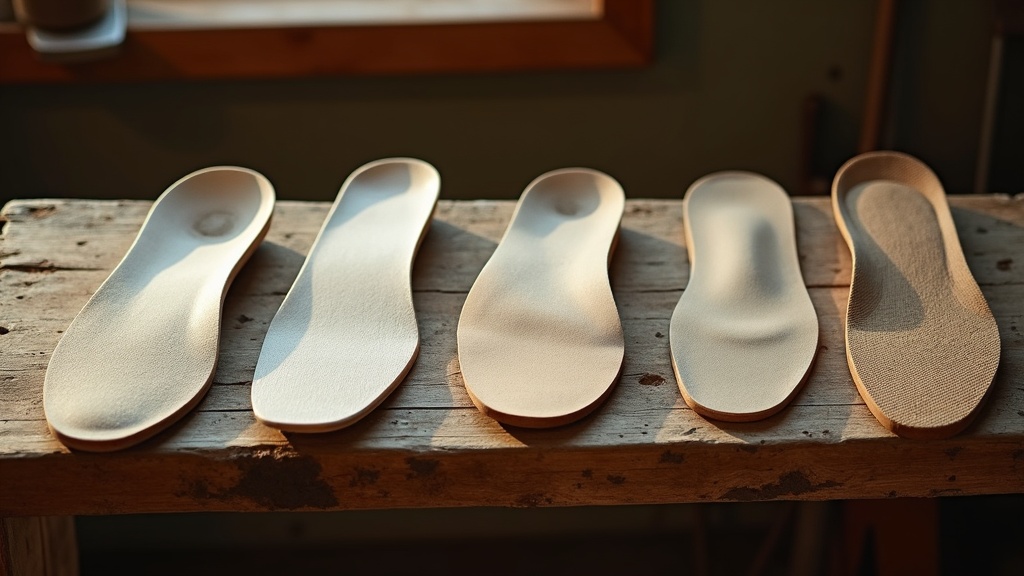 Six work insoles compared side by side on a workbench