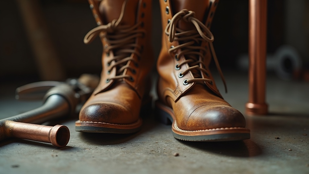 Plumber's work boots on a concrete floor with pipe fittings