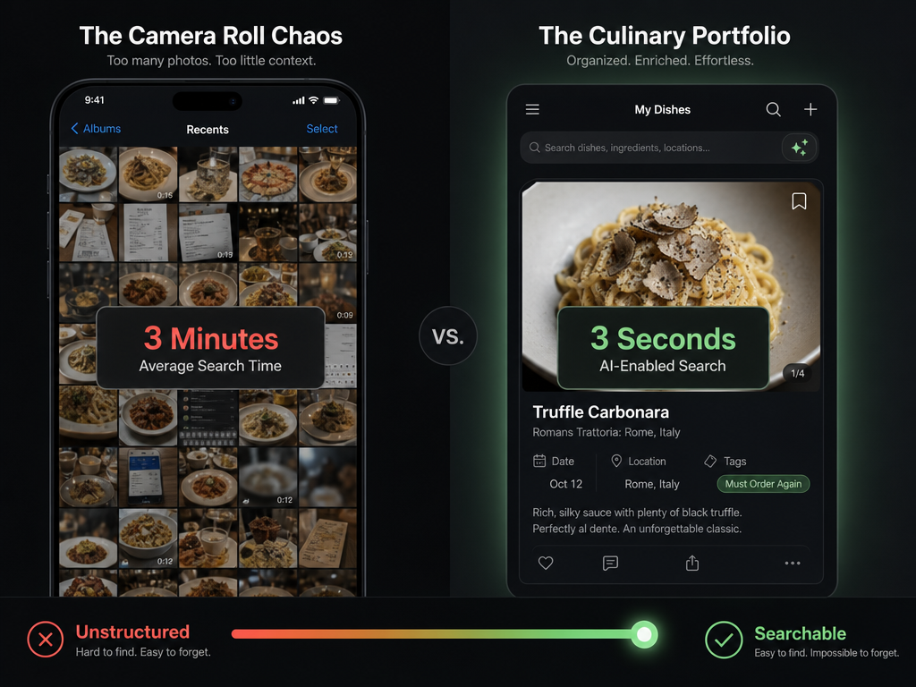 Comparison showing a messy smartphone camera roll versus a searchable food tracking app interface with AI tagging and metadata.
