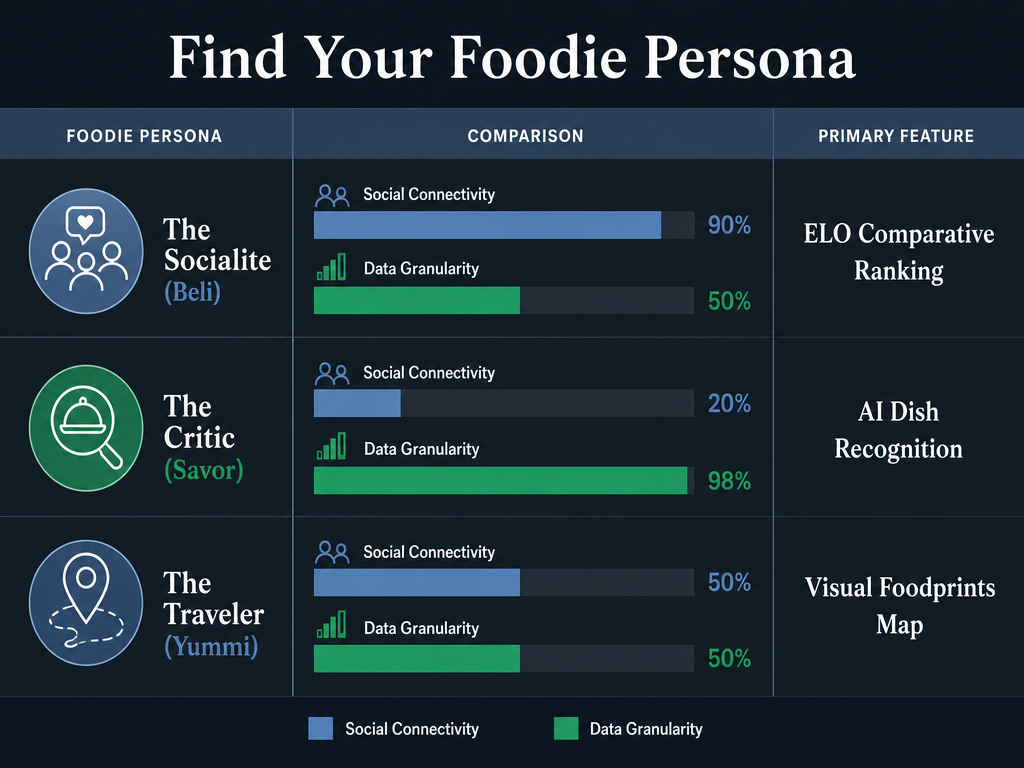 A comparison chart of food tracking app archetypes showing the balance between social features and data depth for different user types.
