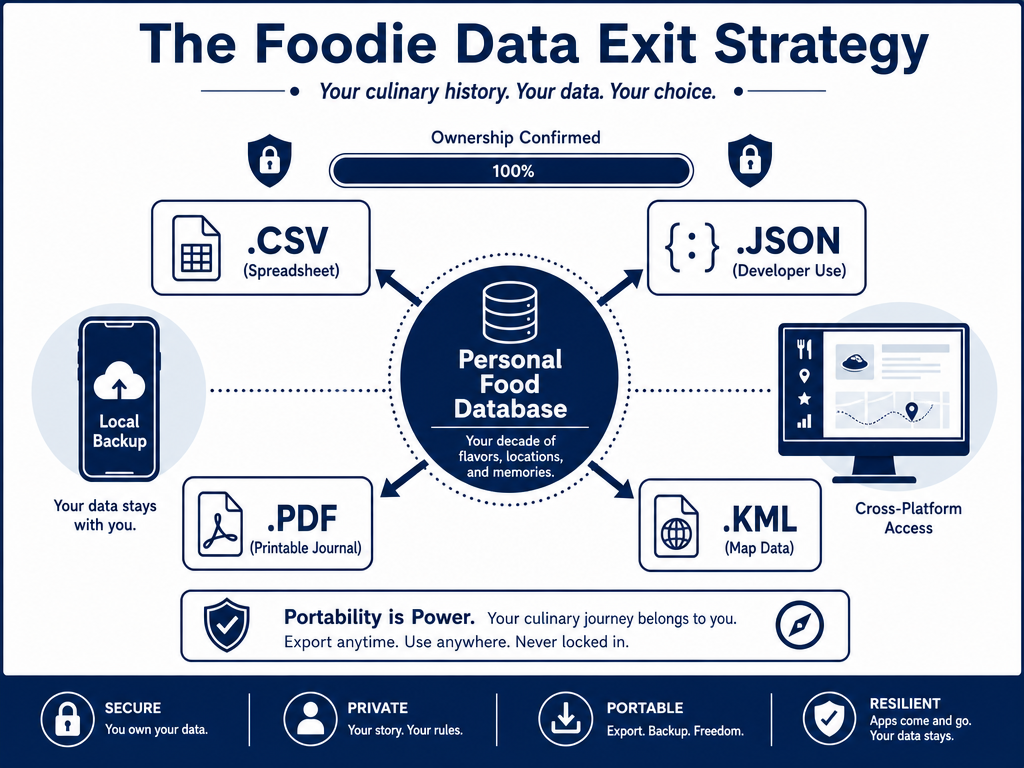 A technical diagram illustrating the various data export formats like CSV and JSON available for personal food tracking databases.