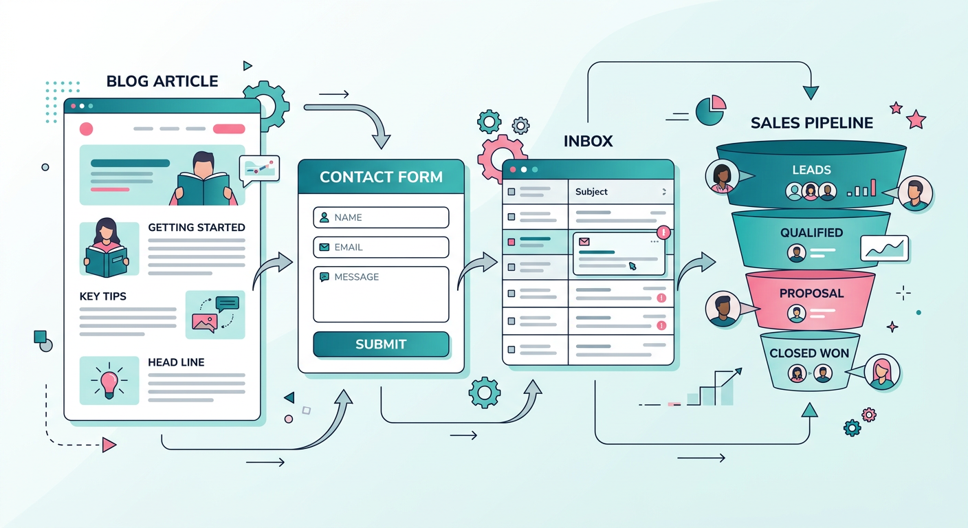 Clean in-content visual showing a blog article flowing into a form, inbox, and sales pipeline, modern flat illustration st...