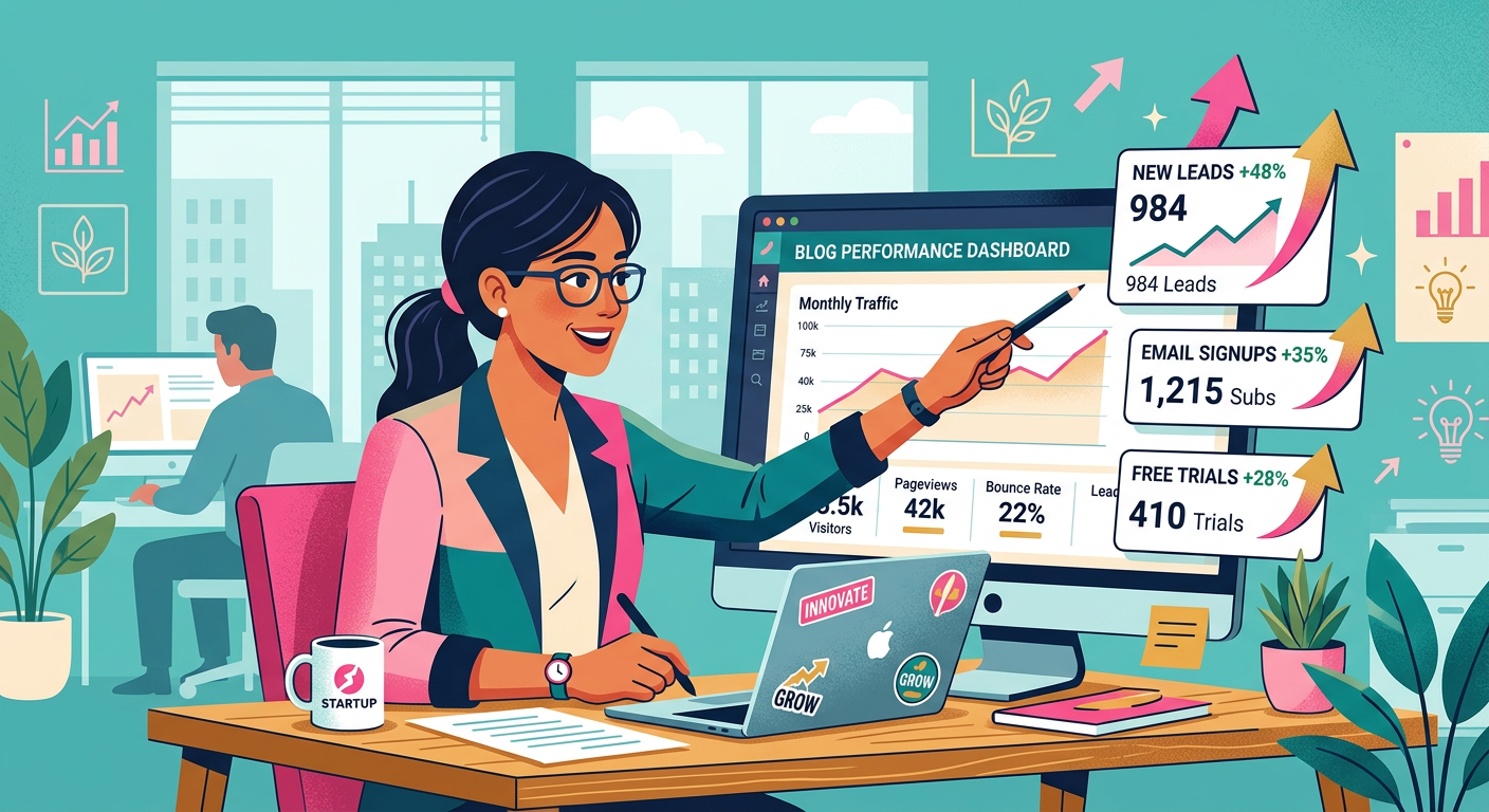 Professional editorial-style illustration of a founder reviewing a blog performance dashboard with rising lead cards, flat...