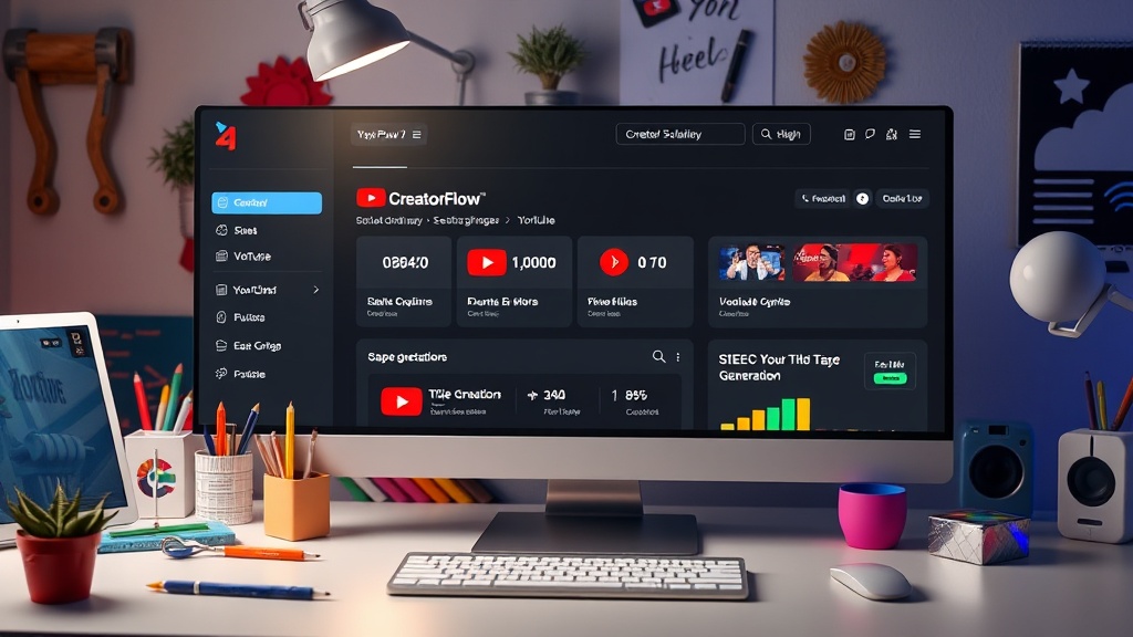 CreatorFlow AI dashboard interface showcasing YouTube SEO title and tag generation tools.