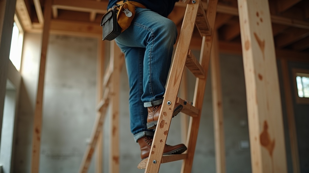 Electrician climbing ladder with knee pain from work boots
