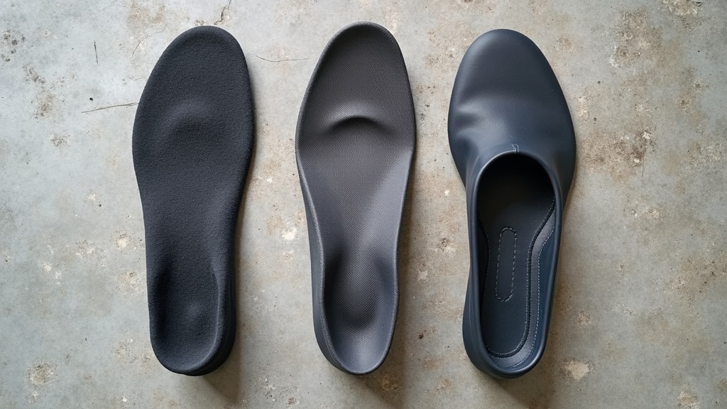 Comparison of three work boot insoles showing different arch support levels