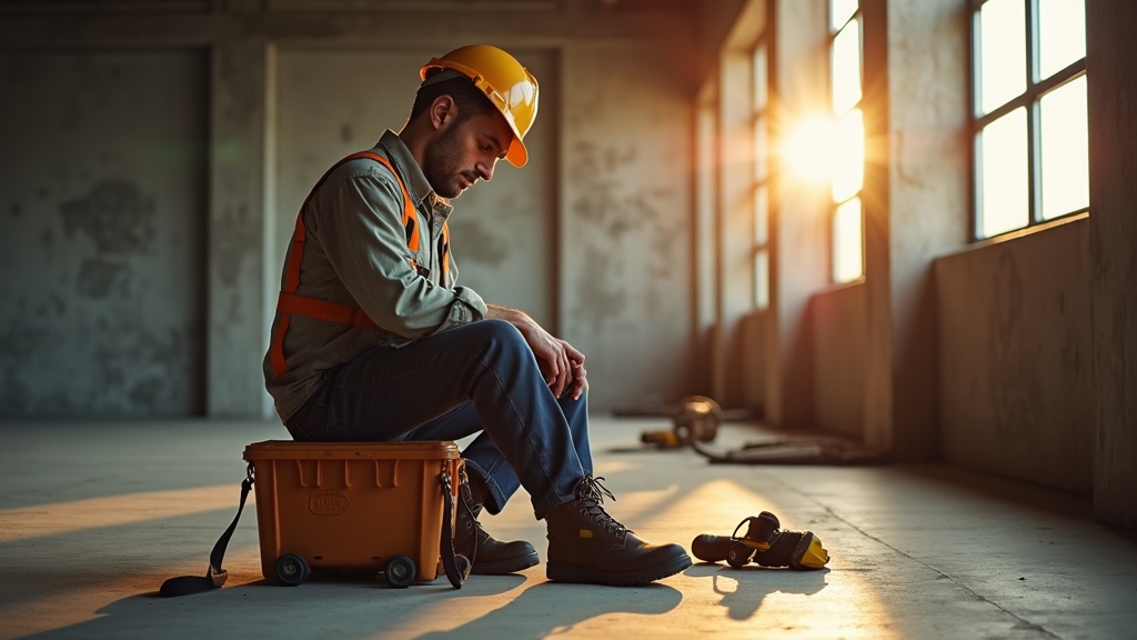 Electrician removing work boot after long shift with knee fatigue