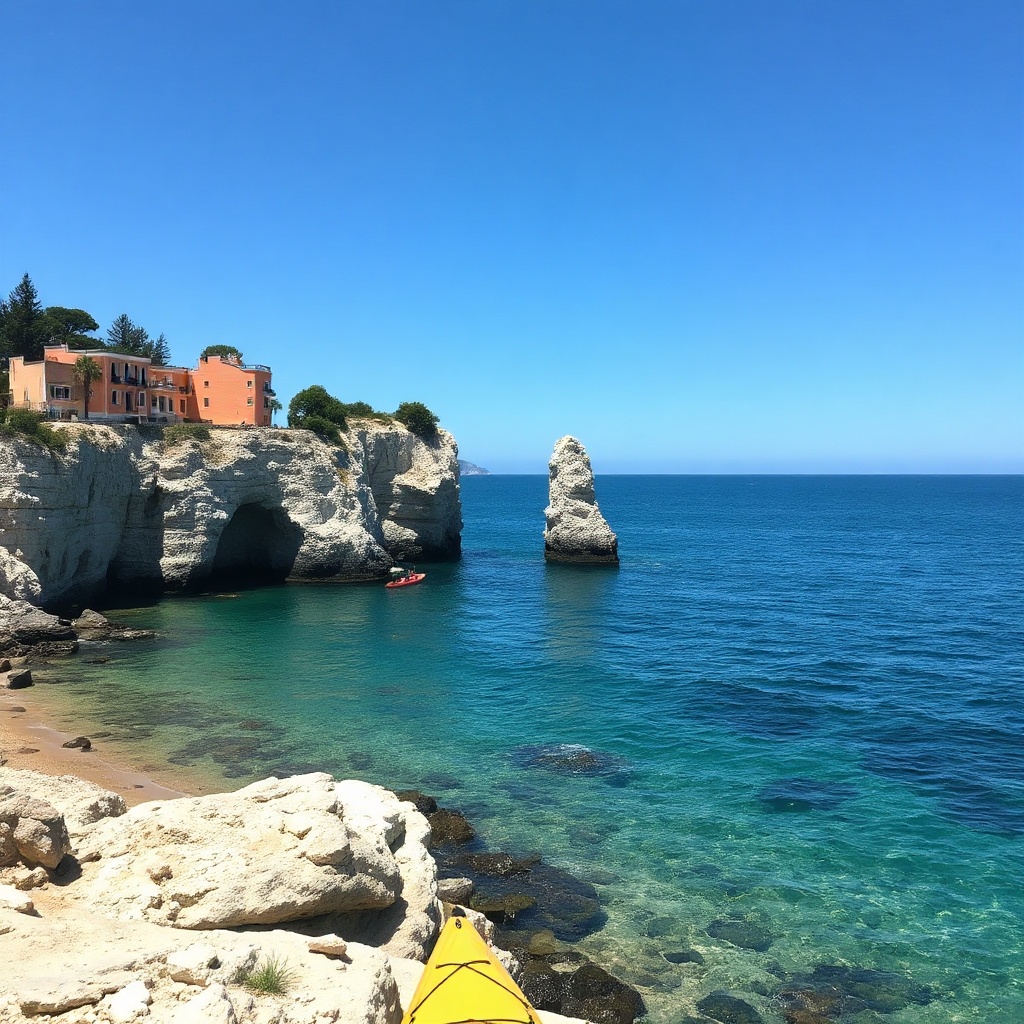 A hidden coastal cove only reachable by kayak, pastel cliffs