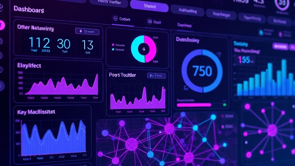 A complex dashboard interface displaying various key performance indicators and data visualizations.