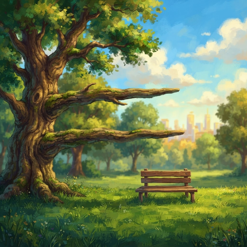 Image: A vibrant, richly textured painterly park backgrou