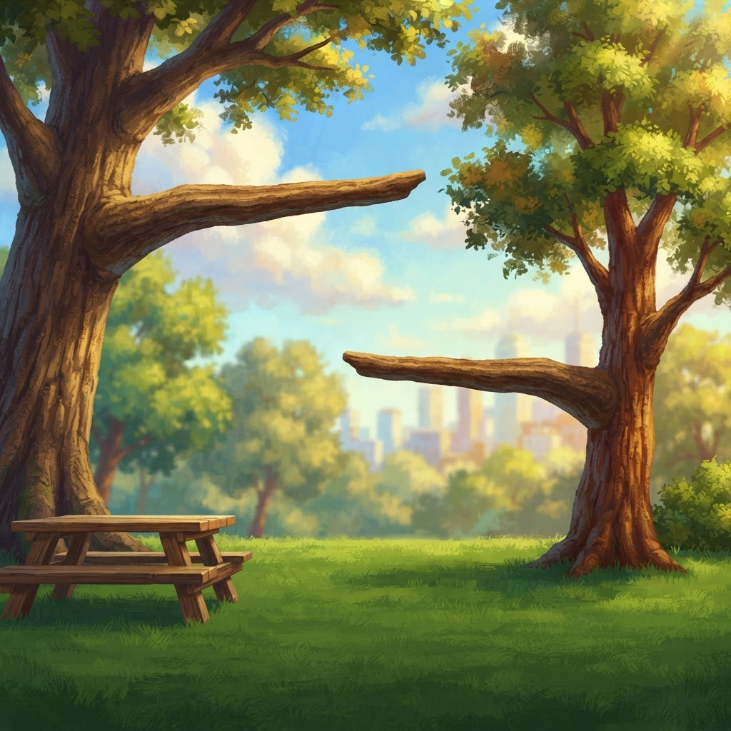 Image: A vibrant, richly textured painterly park backgrou