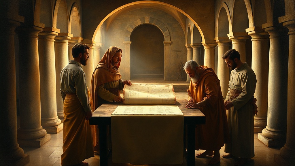 A solemn religious scene reflecting truth, justice, and hidden greed