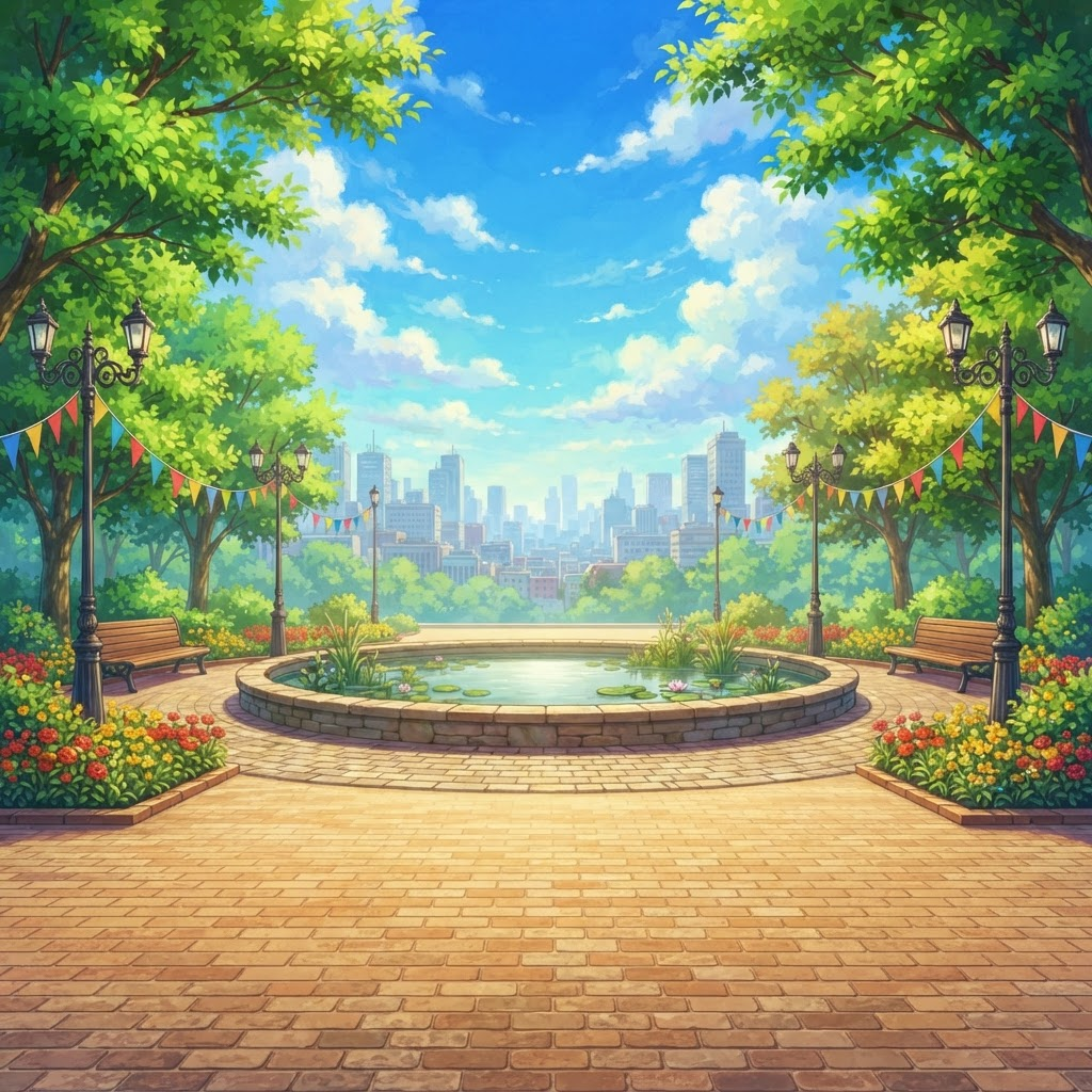 Image: A LUSH, HIGHLY VIBRANT anime-style park background