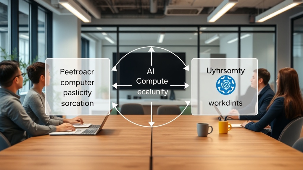 Diagram illustrating the feedback loop between AI model complexity, compute demand, and cybersecurity arms race escalation