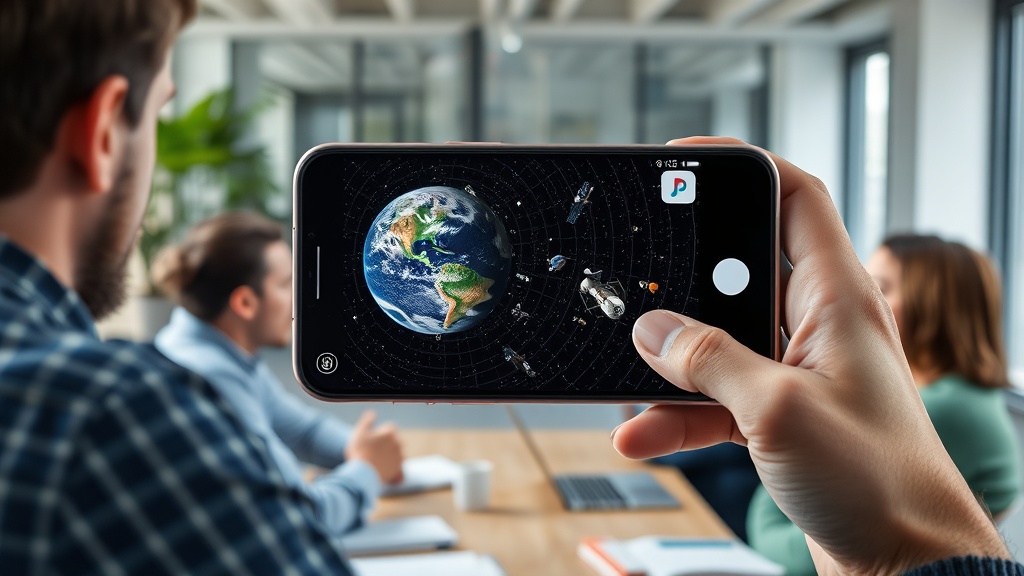 User's phone displaying AR view of satellites orbiting Earth
