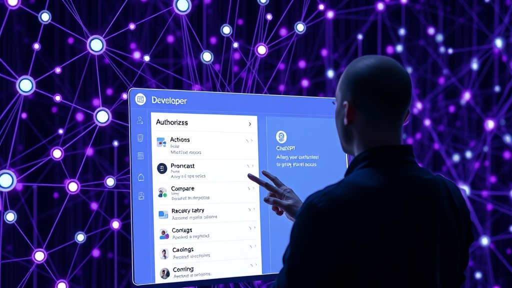 Developer interacting with an AI agent interface showing a list of authorized actions and system access