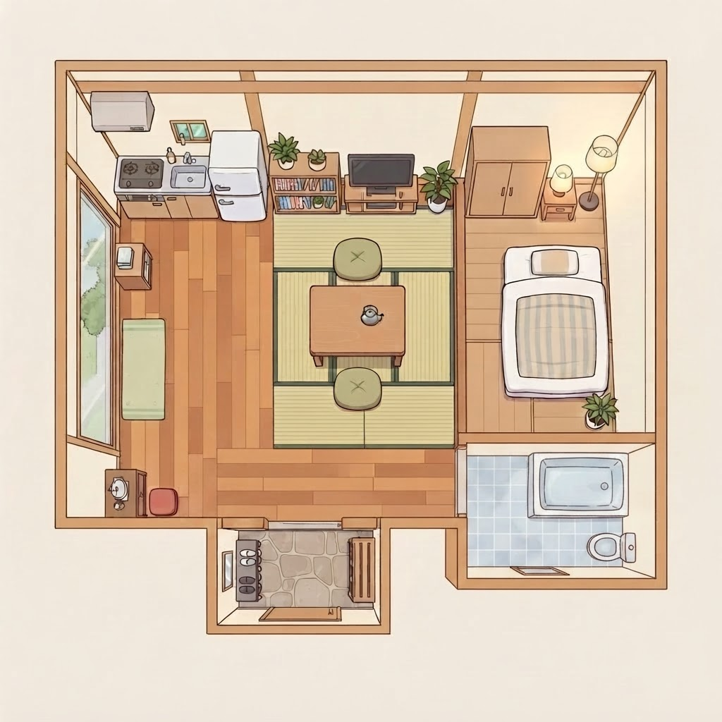 Image: Top-down anime/manga style apartment floor plan, k