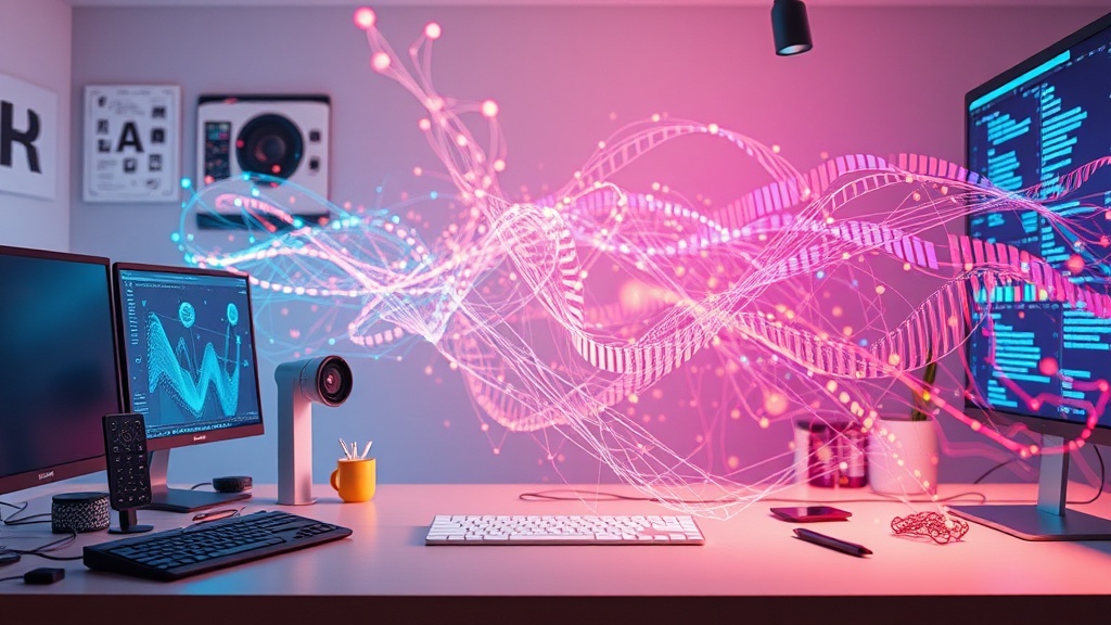 An abstract representation of AI video generation with flowing data streams.