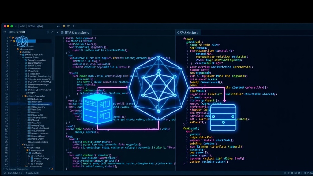 Visual representation of AI development resources: data servers, GPU clusters, and code repositories.