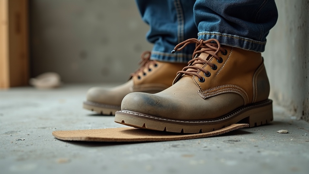 Plantilla cómoda extraída de una bota de trabajo sobre suelo de obra