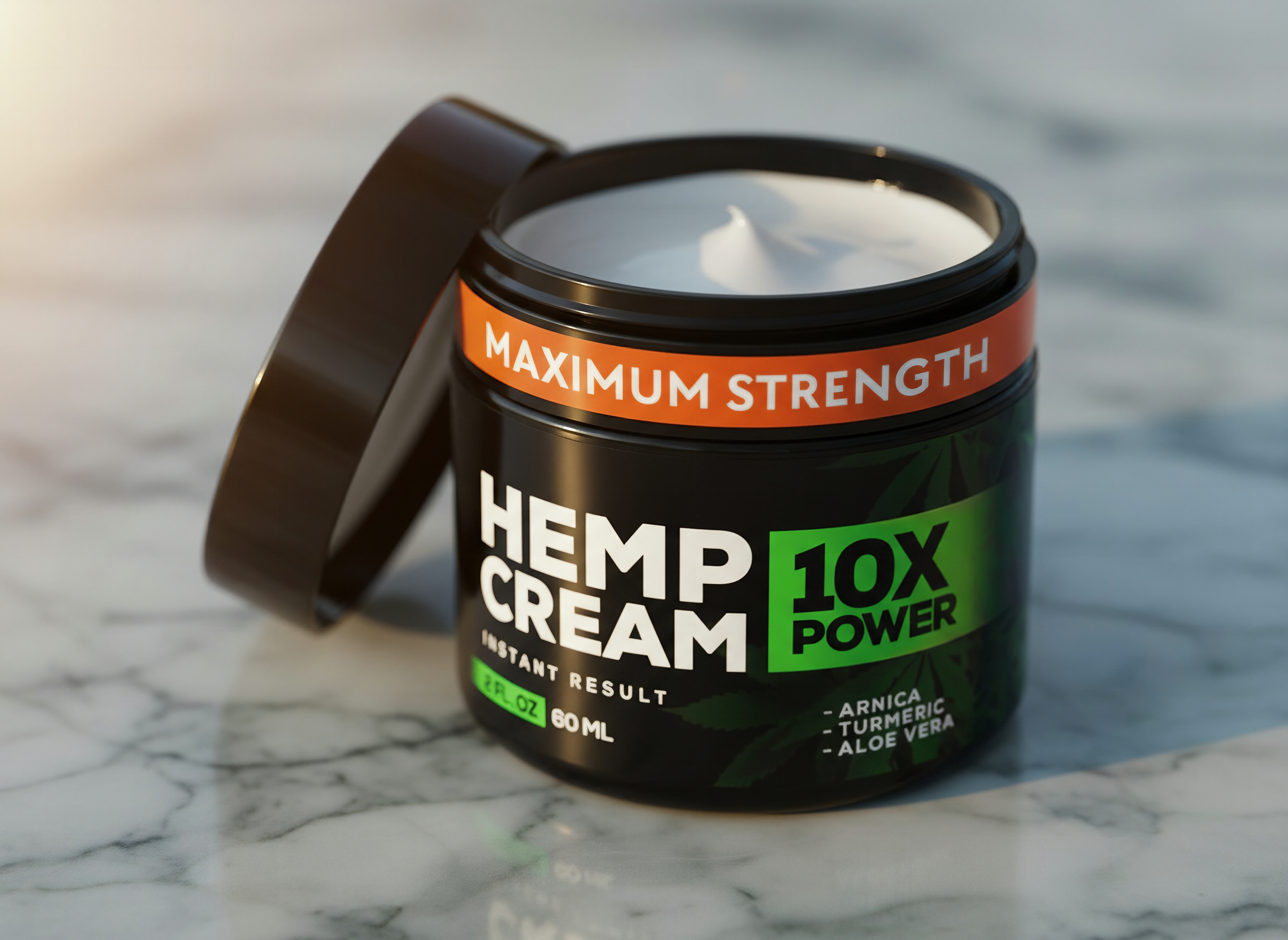 Macro close-up of hemp cream jar on marble with warm side lighting highlighting texture