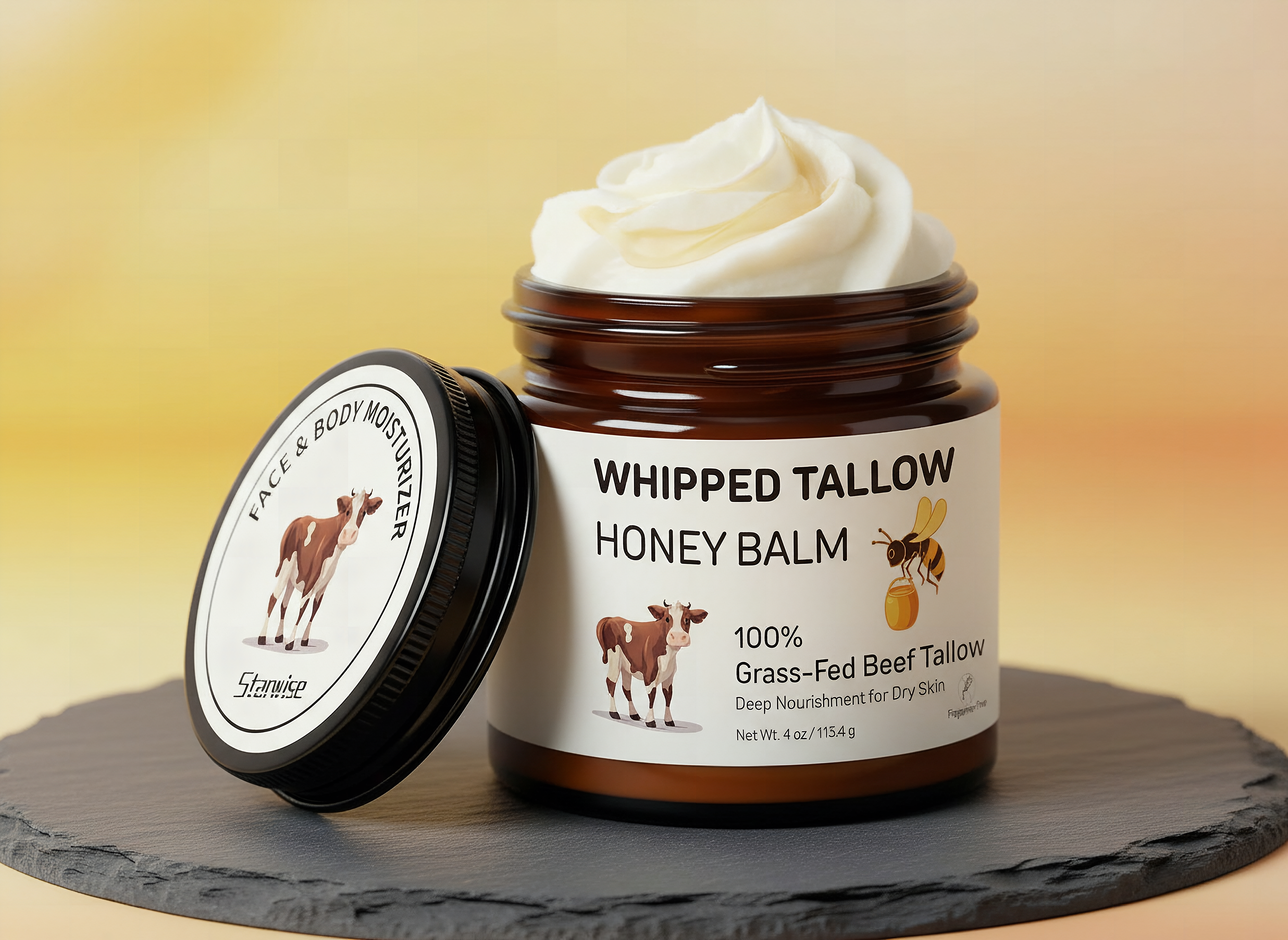 Macro close-up of whipped beef tallow balm showing creamy golden texture with honey swirl in glass jar