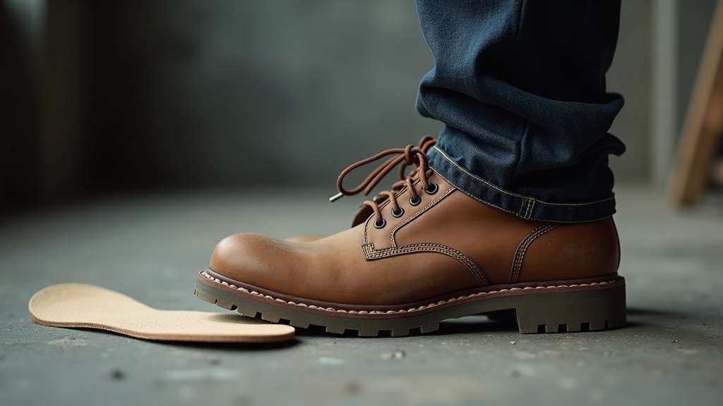 Plantilla ergonómica junto a bota de trabajo con puntera de acero sobre suelo de concreto