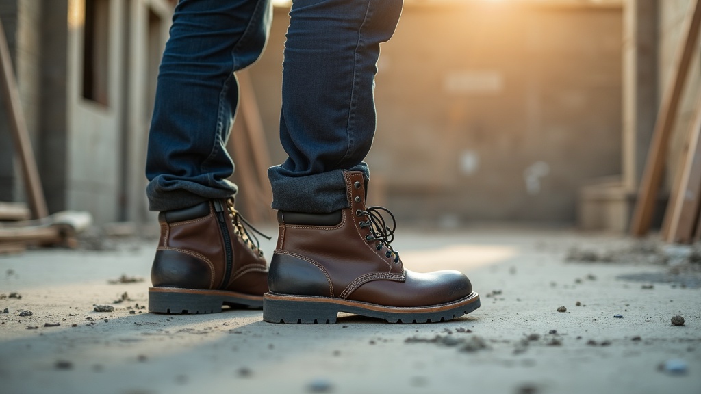 Trabajador de construcción con bota de seguridad y plantilla visible en obra