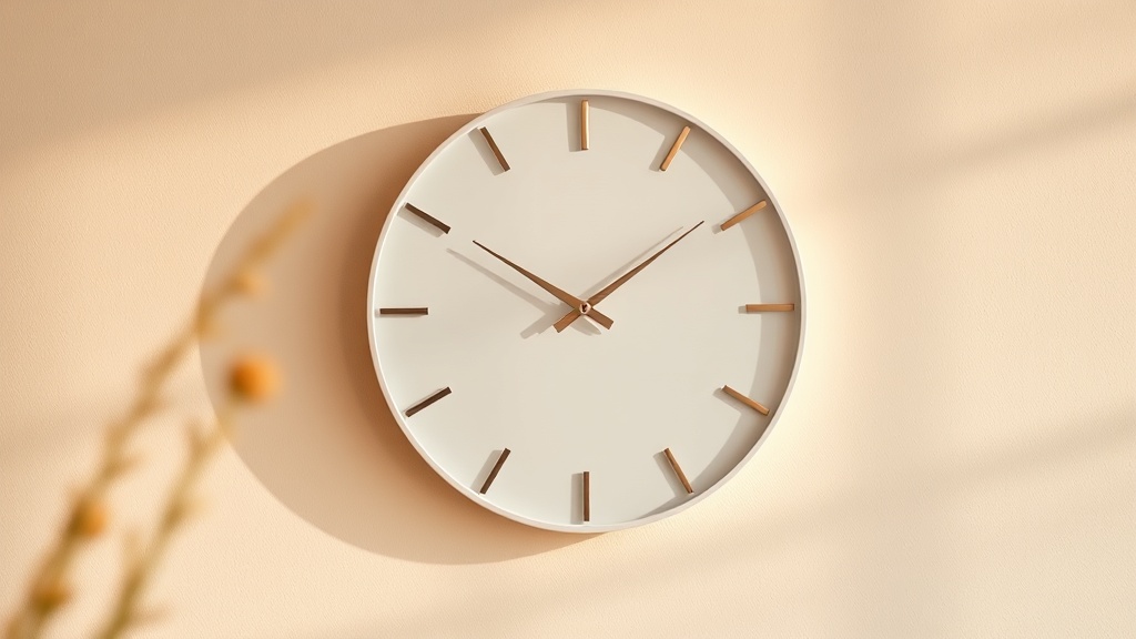 Minimalist round white wall clock with thin metal hands on a beige wall