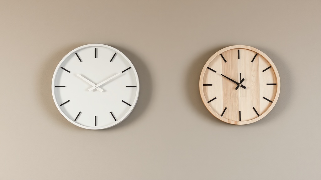 Two minimalist wall clocks side by side on a grey wall showing different dial styles