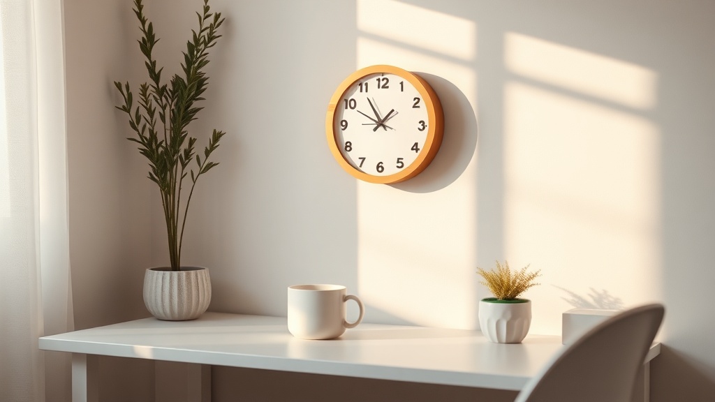 Small wooden minimalist wall clock above a home office desk with plant and mug