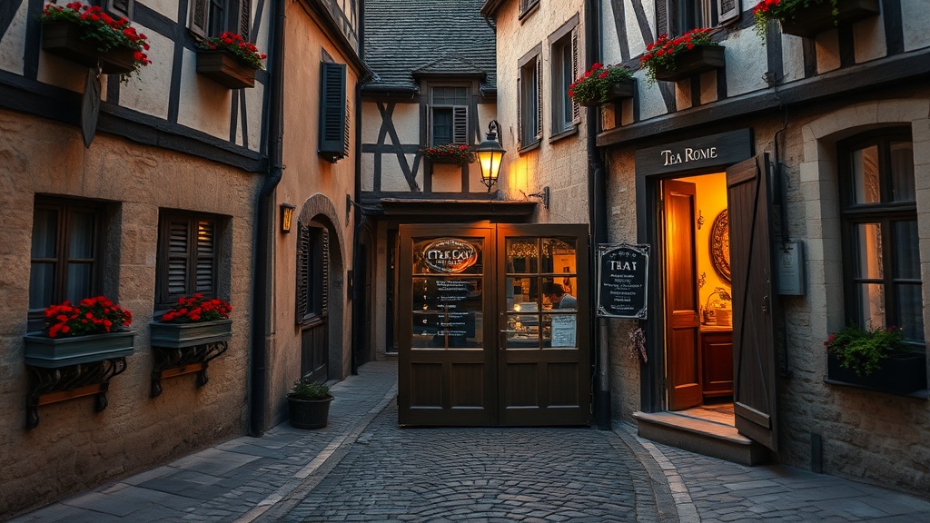 Ruelle pavée du quartier Vaugueux à Caen avec ses maisons à colombages et ses petits salons de thé
