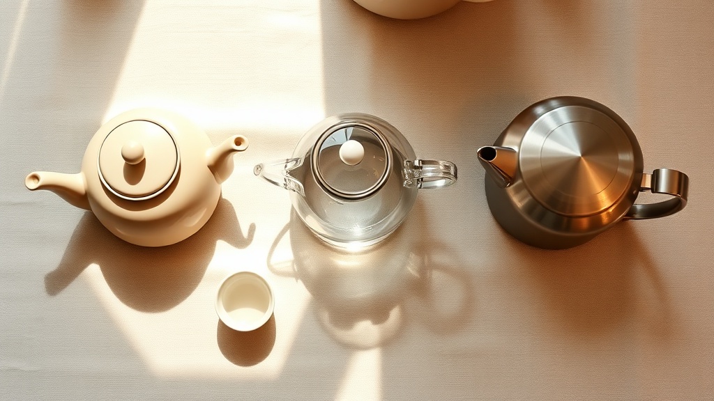 Trois styles de théières alignées sur une table en lin : céramique ancienne, verre transparent et inox
