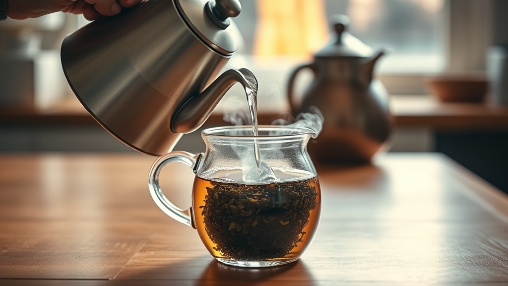 Mains versant de l'eau chaude dans une théière en verre avec des feuilles de thé en vrac qui s'ouvrent