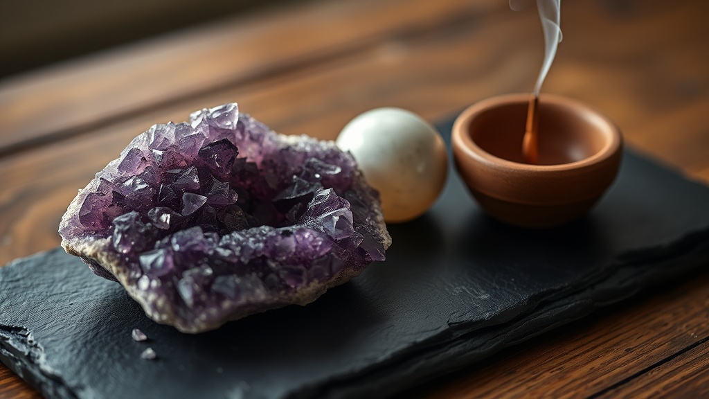 Amethyst cluster and moonstone sphere on a slate tray beside a ceramic incense holder