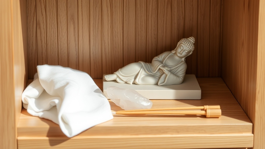 Small bedside altar with reclining Buddha figurine, rose quartz stone and incense