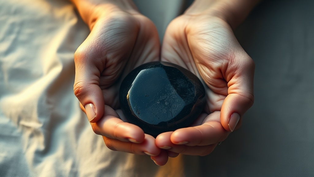 Hands holding a polished black tourmaline stone in soft evening light