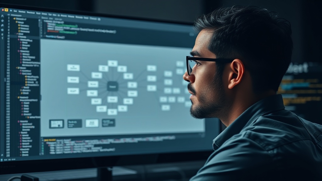 Developer looking thoughtfully at a complex system diagram